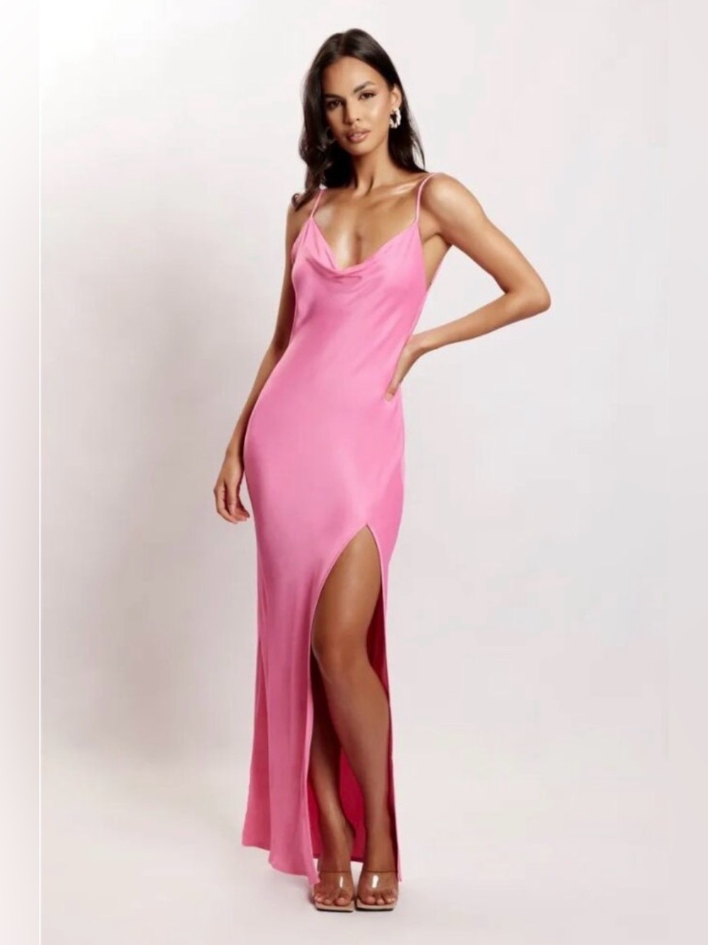 NWT MESHKI Jade Cowl Neck Backless Side Slit Satin Maxi Dress in Pink Sz M